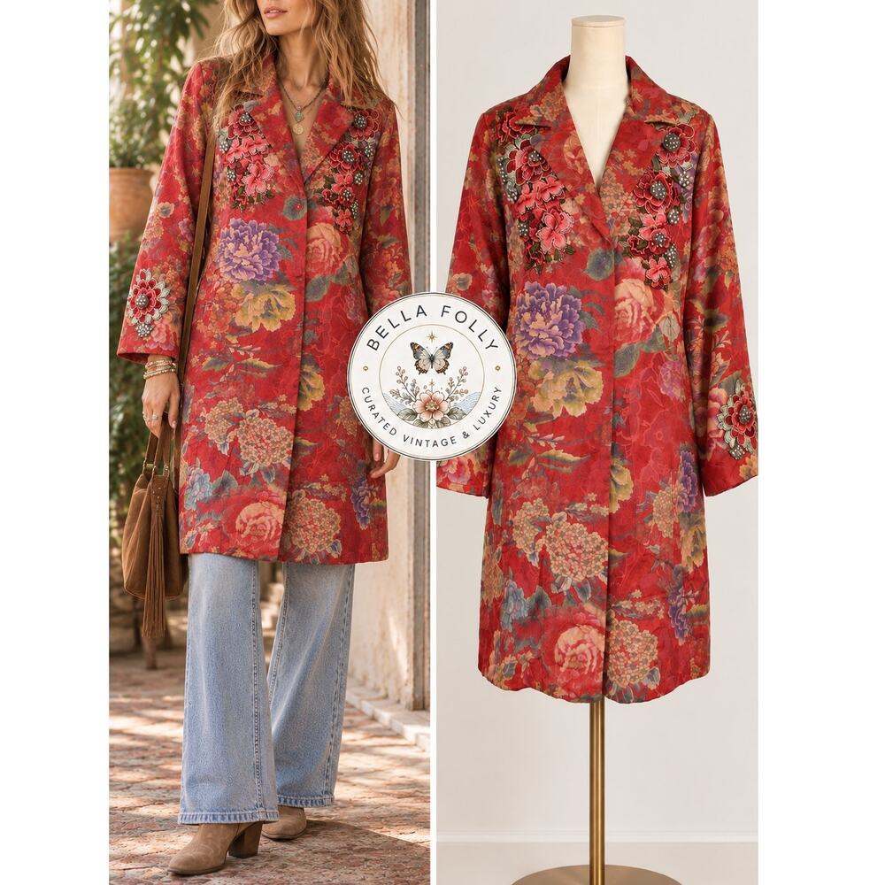 Johnny Was BIYA Lodi Red Floral Wool Embroidered Tapestry Coat Large NWOT Bling